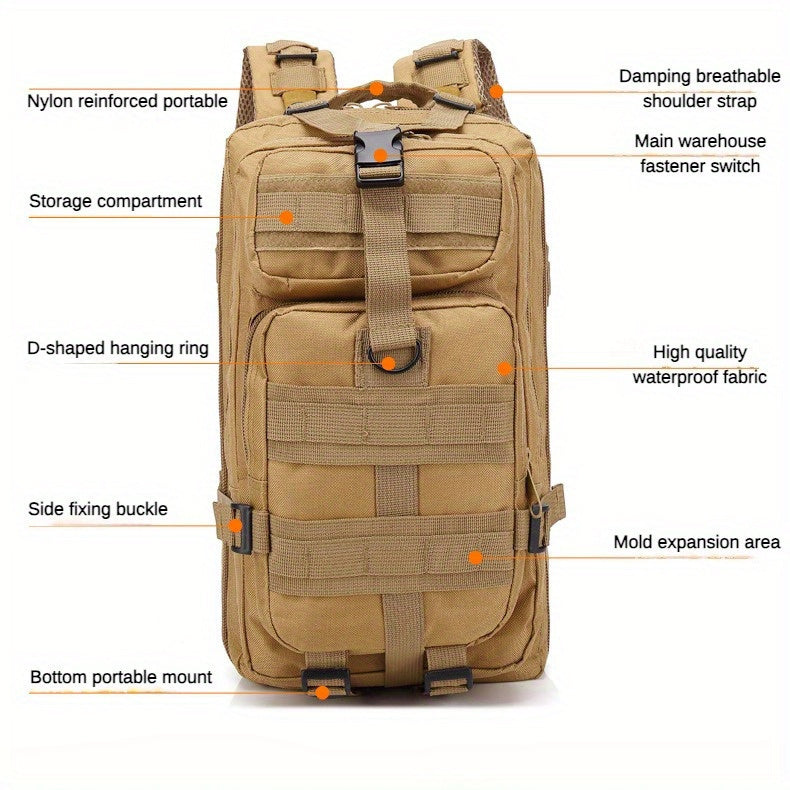 Tactical Camouflage Hiking Backpack 21-25L for Men – Multi-Functional Outdoor Mountaineering Pack for Camping, Climbing & Hiking, Zipper Closure, Durable Gear Bag in Black, Army Green & Khaki
