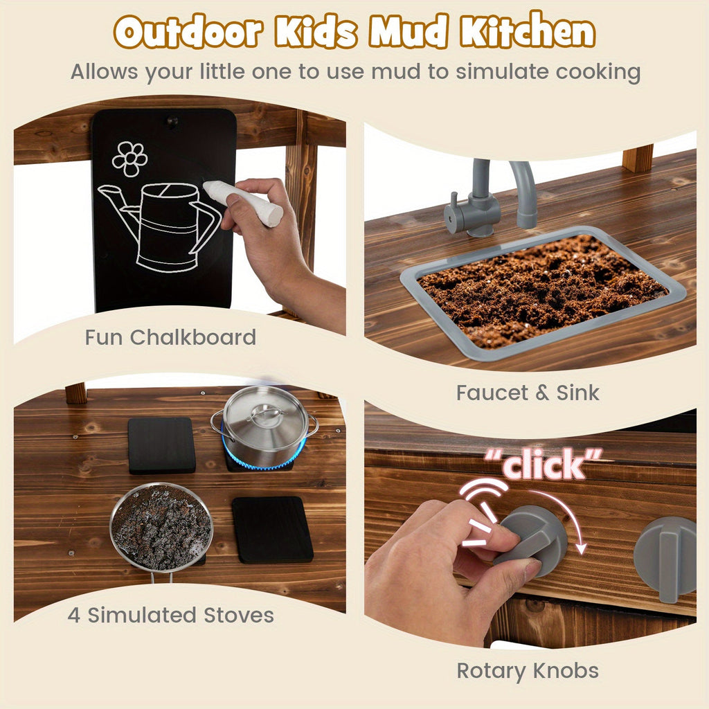Mud Kitchen for Kids 3-7, Outdoor Solid Wood Play Kitchen with Canopy, Rotatable Faucet & Removable Sink, Realistic Stoves & Knobs, Chalkboard, Ample Storage – Natural Wood Backyard Pretend Cooking Set