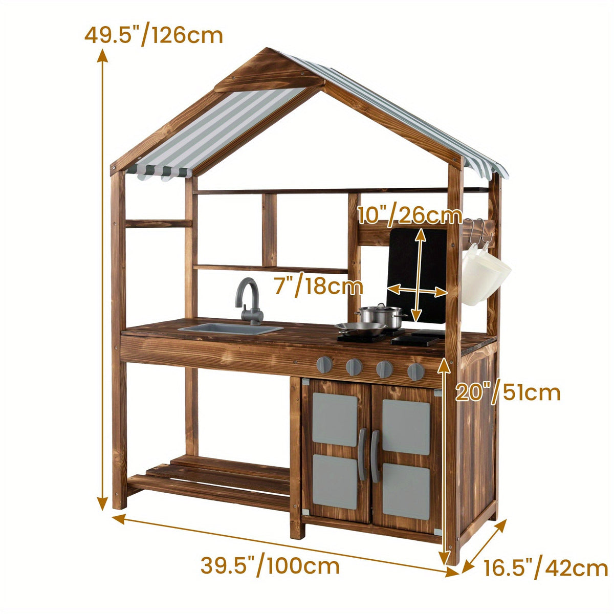 Mud Kitchen for Kids 3-7, Outdoor Solid Wood Play Kitchen with Canopy, Rotatable Faucet & Removable Sink, Realistic Stoves & Knobs, Chalkboard, Ample Storage – Natural Wood Backyard Pretend Cooking Set