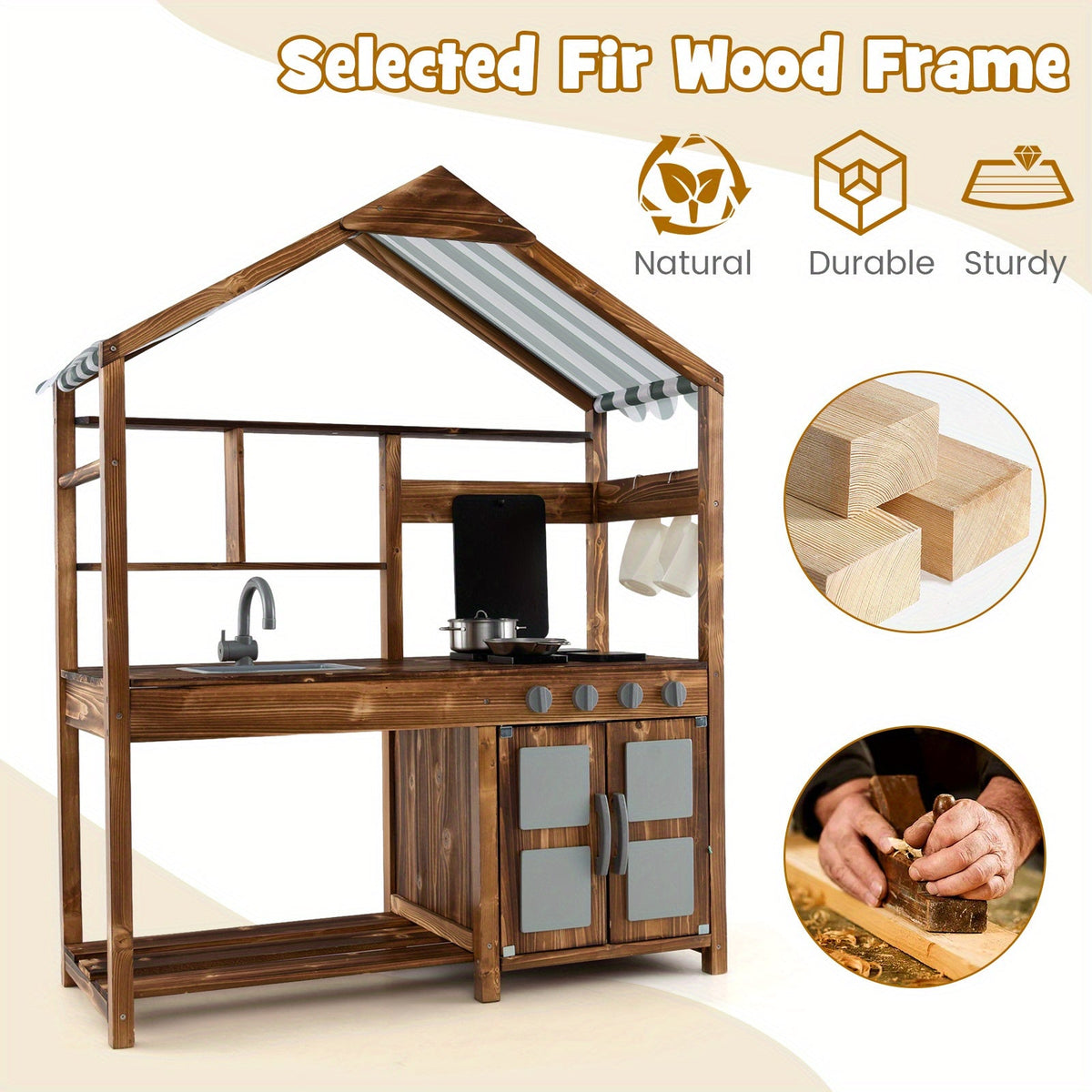 Mud Kitchen for Kids 3-7, Outdoor Solid Wood Play Kitchen with Canopy, Rotatable Faucet & Removable Sink, Realistic Stoves & Knobs, Chalkboard, Ample Storage – Natural Wood Backyard Pretend Cooking Set