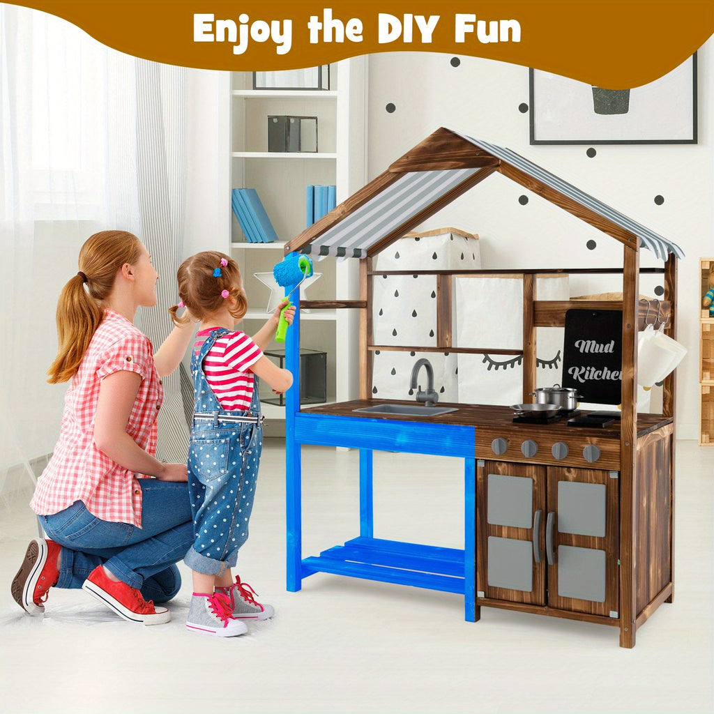 Mud Kitchen for Kids 3-7, Outdoor Solid Wood Play Kitchen with Canopy, Rotatable Faucet & Removable Sink, Realistic Stoves & Knobs, Chalkboard, Ample Storage – Natural Wood Backyard Pretend Cooking Set