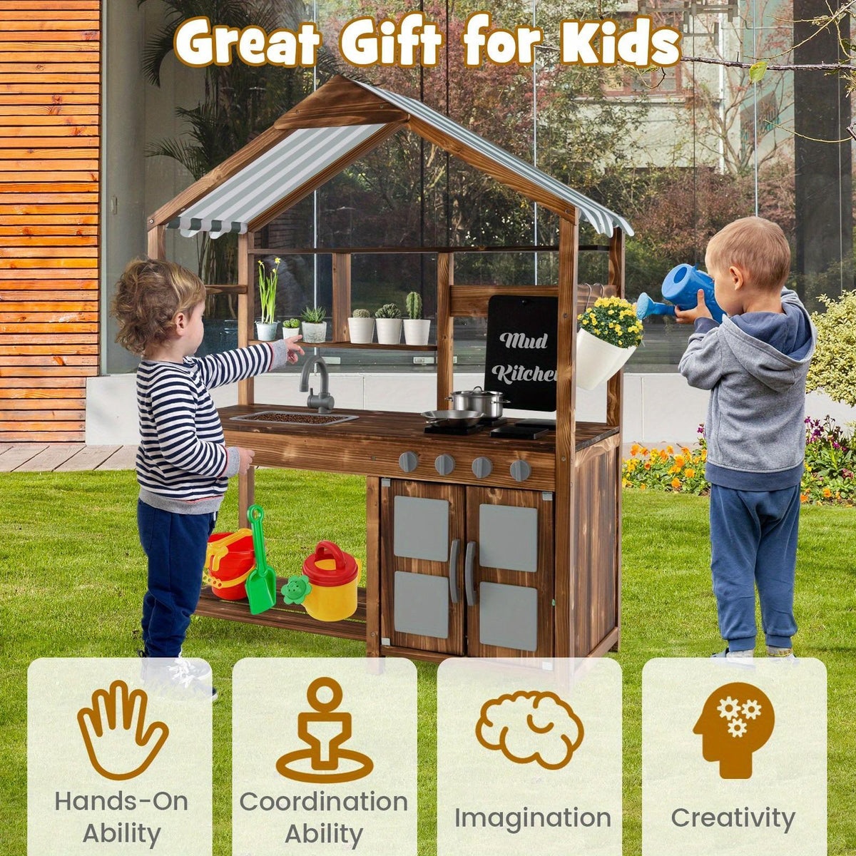 Mud Kitchen for Kids 3-7, Outdoor Solid Wood Play Kitchen with Canopy, Rotatable Faucet & Removable Sink, Realistic Stoves & Knobs, Chalkboard, Ample Storage – Natural Wood Backyard Pretend Cooking Set