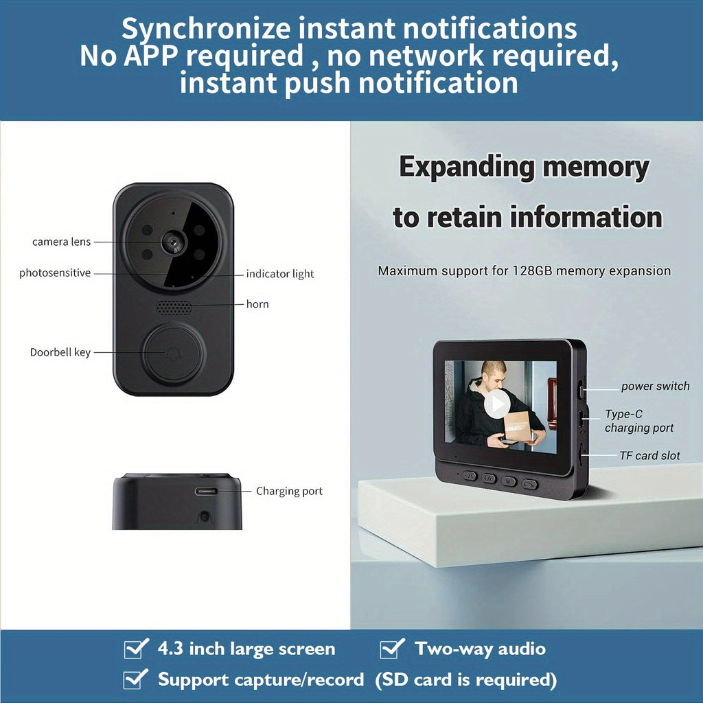 Wireless Video Doorbell Camera with Indoor Monitor – 1080P FHD, No Wi-Fi Needed, Night Vision, Two-Way Audio, 4.3" IPS Screen, Long Battery Life, SD Card Storage, Easy Install for Home Security