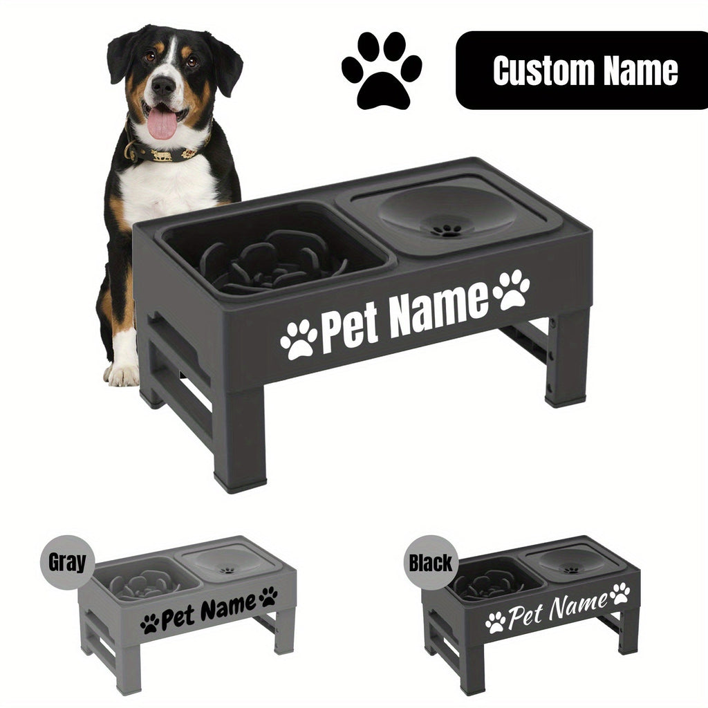 Elevated Dog Bowls with Adjustable Stand - Custom Slow Feeder & Spill-Proof Water Bowl for Small Medium Large Dogs - Raised Dog Bowl Set with Personalized Font Options, Black or Gray