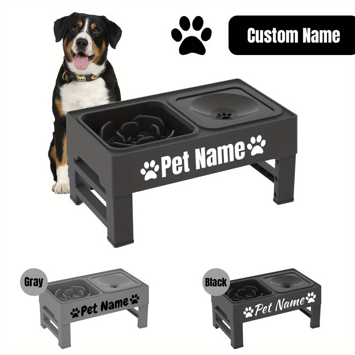 Elevated Dog Bowls with Adjustable Stand - Custom Slow Feeder & Spill-Proof Water Bowl for Small Medium Large Dogs - Raised Dog Bowl Set with Personalized Font Options, Black or Gray