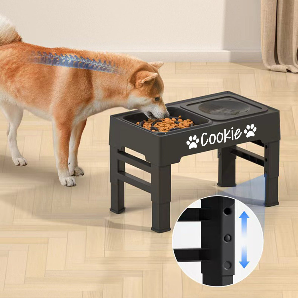 Elevated Dog Bowls with Adjustable Stand - Custom Slow Feeder & Spill-Proof Water Bowl for Small Medium Large Dogs - Raised Dog Bowl Set with Personalized Font Options, Black or Gray