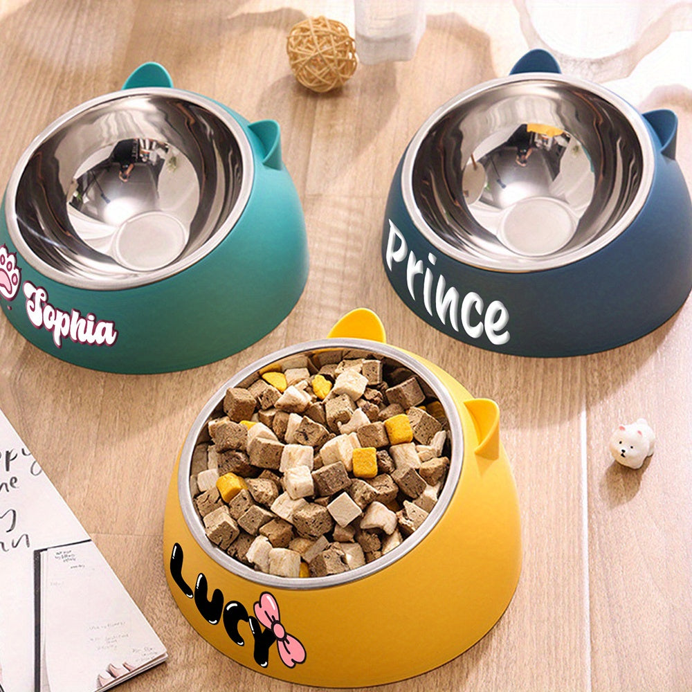 Personalized Stainless Steel Tilted Pet Bowl for Cats and Dogs Custom Name Ergonomic Neck Protection Food Water Bowl Great Gift for Pets Small Medium Large