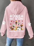 Dog Print Zip Up Hoodie Women Waffle Casual Sweatshirt Drawstring Geometric Pattern – 100% Polyester Machine Washable S-XXL Pink Black Grey Orange-Red