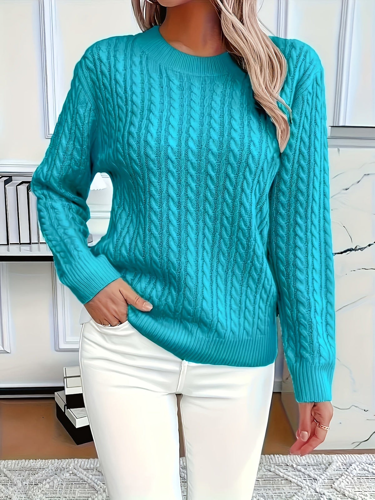 Women's Round Neck Pullover Sweater – Soft Solid Color Knit Top for Casual & Formal Wear, All-Season Layering Essential, Sky Blue, Sizes XS-XXL
