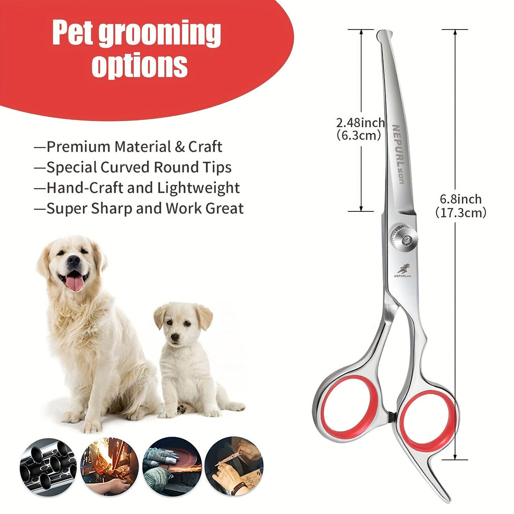 Curved Pet Grooming Scissors with Safety Round Head - Stainless Steel Dog Cat Grooming Shears for Face, Ears & Paws - Professional Pet Hair Cutting Scissors