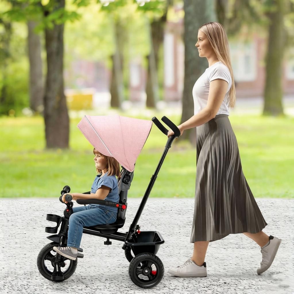 4-in-1 Toddler Tricycle with Adjustable Push Handle & Convertible Seat, Removable Canopy, Safety Harness & Storage Basket - Baby Push Trike for Kids 18 to 60 Months, Pink Ride On Bike Gift for Girls