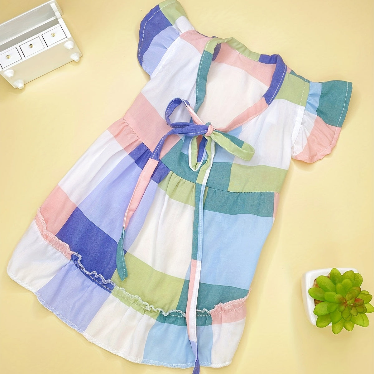 Pet Plaid Skirt Dress V-Neck Flutter Sleeve Tie-Up for Dogs and Cats – Breathable Vacation Style Summer Outfit, XS to XXL, Cute Floral Sundress for Small Medium Pets, Mixed Colors