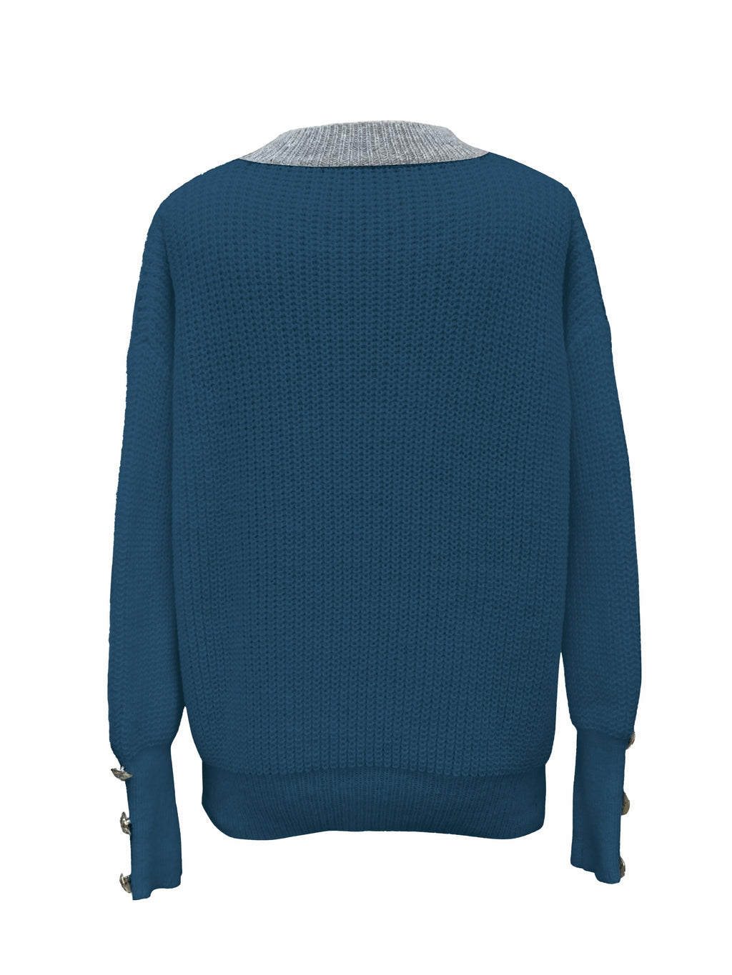 Women's V-Neck Button-Decorated Pullover Sweater – Casual Solid Color Knit Top for Fall Winter, Lightweight Polyester Stretch Pullover, Sizes S-XXL, White & Sea Blue