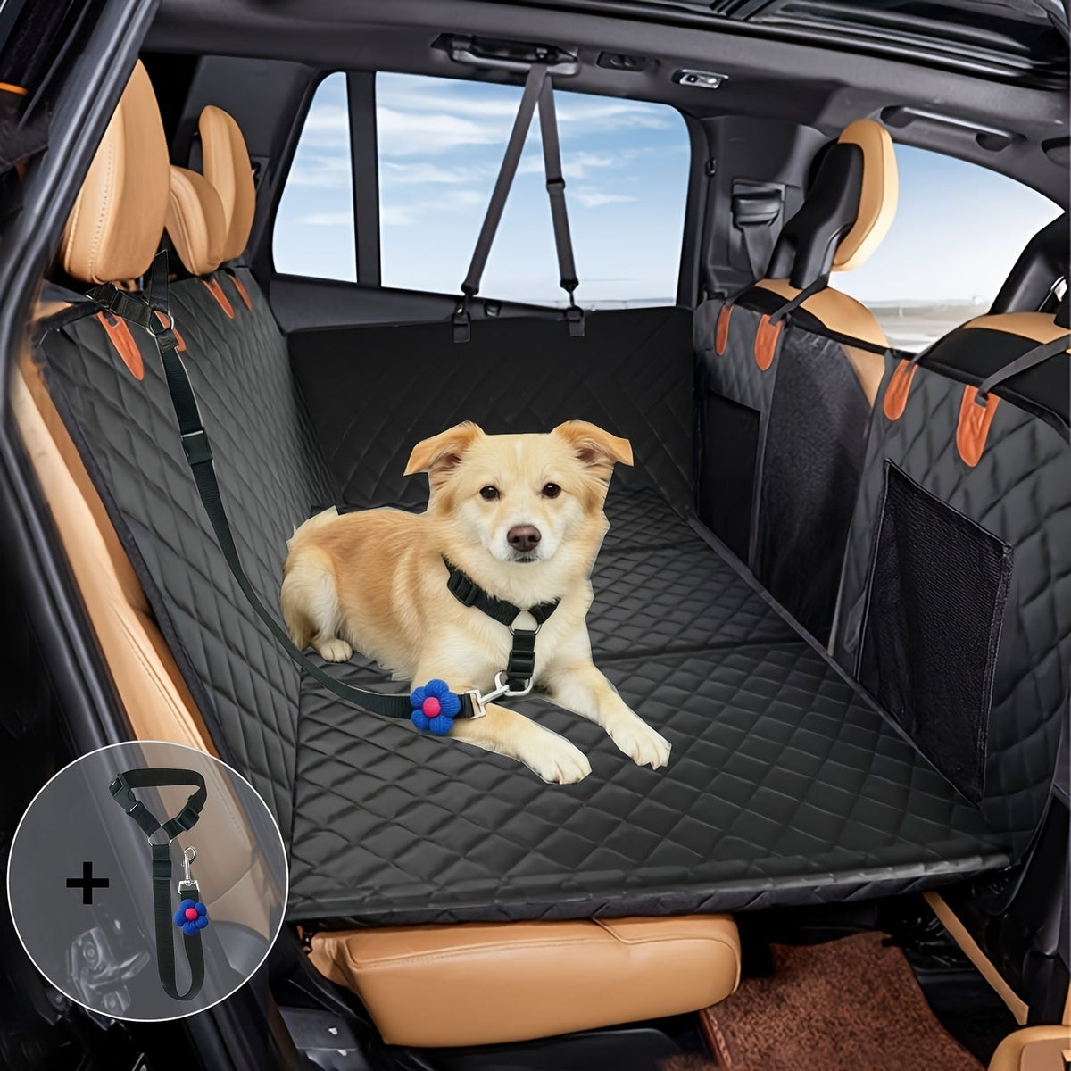Dog Car Seat with Hard Bottom Support Panel & Mesh Window - Large Space Wear-Resistant Pet Car Seat Mat for Back Seat, Universal Fit Dog Cat Car Booster Seat, Includes Pet Leash Option, Black