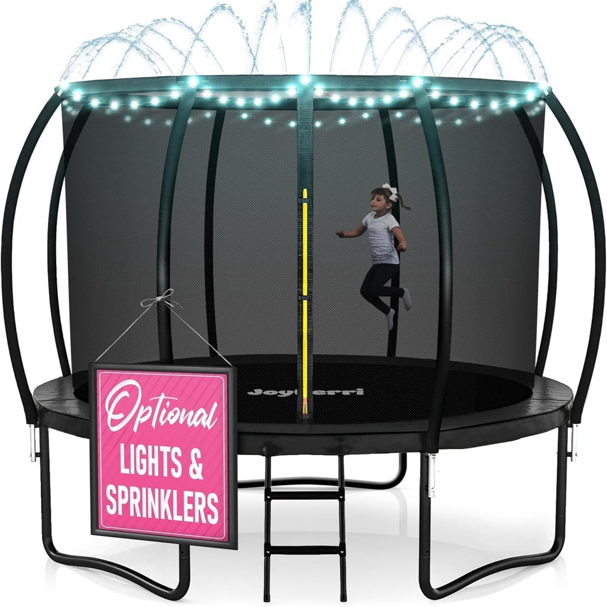 JoyBerri Outdoor Trampoline with Enclosure Net - 8FT to 16FT Backyard Trampoline for Kids & Adults, Heavy Duty Anti-Rust Frame, LED Lights, Sprinkler & Ladder Included | Family Fitness Fun Gift