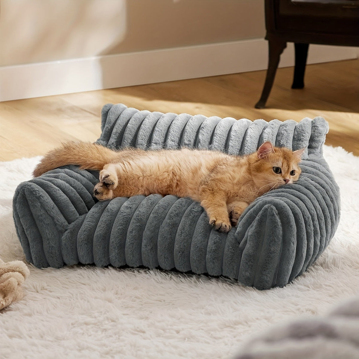 Cat Couch Sofa Bed for Indoor Cats - Fluffy Calming Cat Bed with Premium Soft Corduroy Fleece Cover, Non-Collapse Support Frame, Cozy Fuzzy Pet Sofa Lounge for Cats and Small Dogs