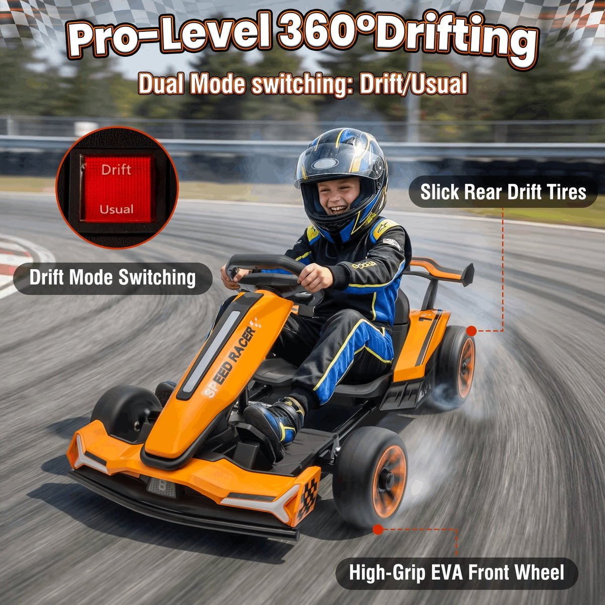 24V Electric Kids Go-Kart Drift Cart 360 Degree Drift Mode High Speed Racing with Soft Start Music Safety Belt Metal Frame Dual Brake for Boys Girls Ages 6 and Up Birthday Christmas Gift Black White Red Orange Silver