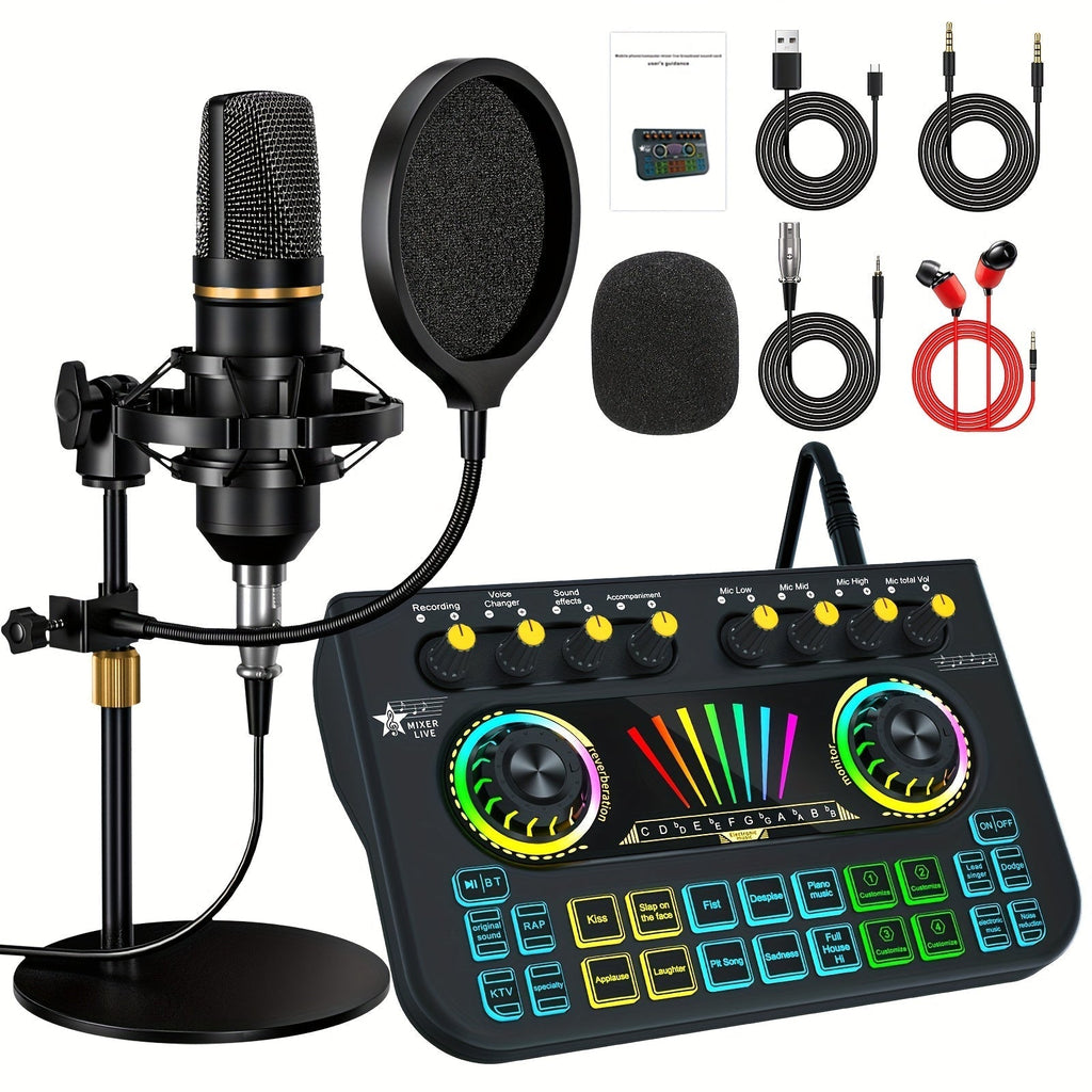 Microphone Mixer Bundle Kit for Podcast Recording Studio – Audio Mixer with Mic Stand, Sound Card, Streaming & Karaoke Setup for PC Phone Gaming