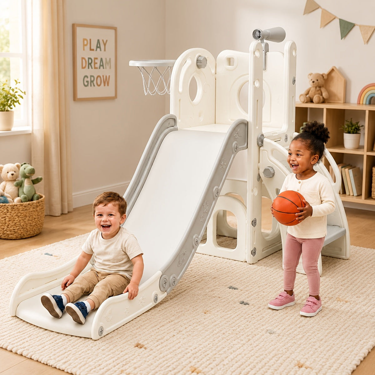 Toddler Slide & Kids Climber Playset - L-Shaped Indoor Outdoor Playground with Basketball Hoop, Storage & Telescope | Easy Assembly Gift for Boys and Girls Ages 1-6