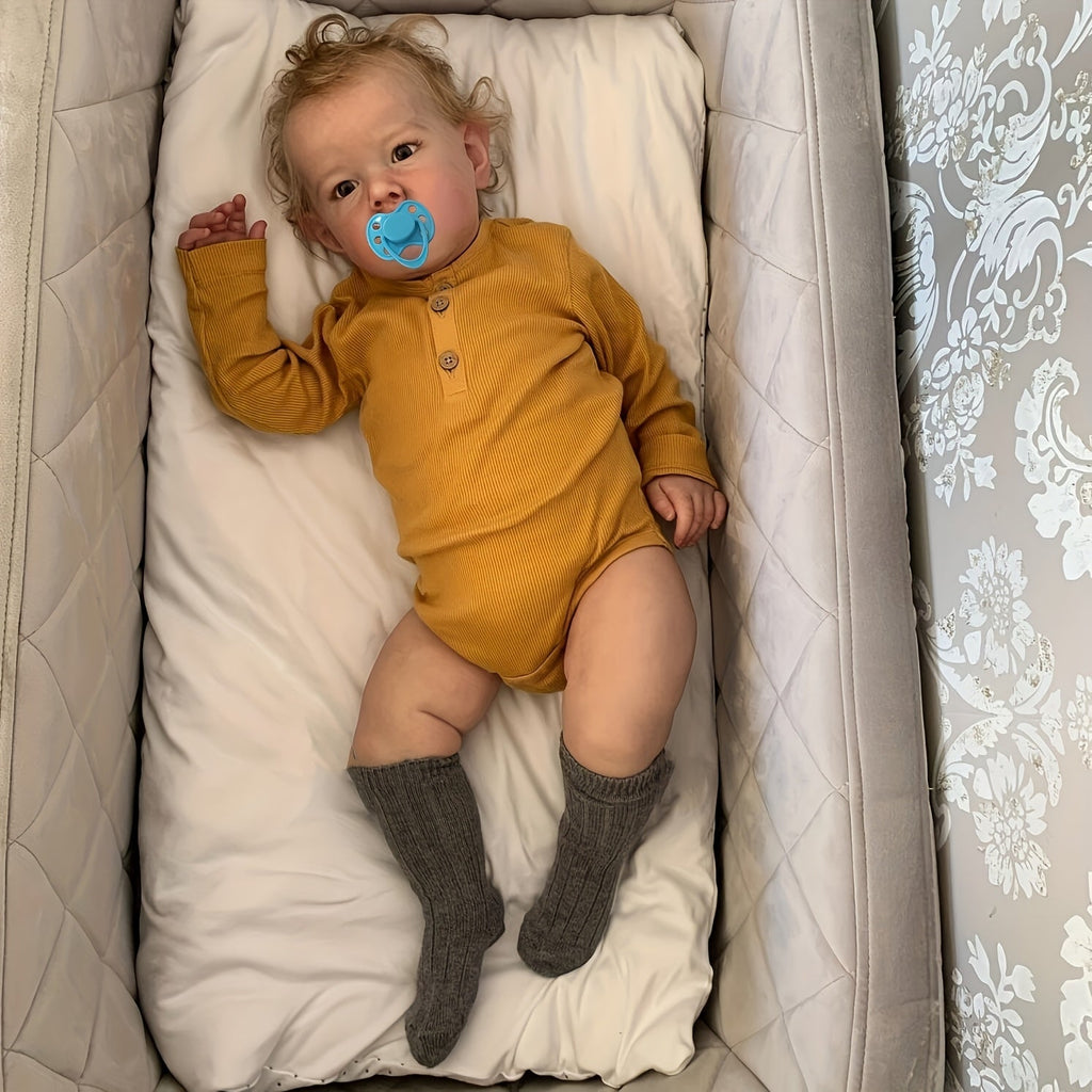 Reborn Baby Doll 27.56 Inch Realistic Soft Vinyl Cloth Body Handmade Lifelike Newborn Girl Doll with Rooted Hair Bottle Pacifier - BZDOLL Liam Blonde Toddler Art Doll Gift