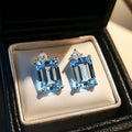 925 Sterling Silver Natural Blue Topaz Earrings Emerald Cut 6x8mm Gemstone Stud Earrings for Women Dainty Y2K Style Crystal Inlay Jewelry Daily Wear Vacation Gift