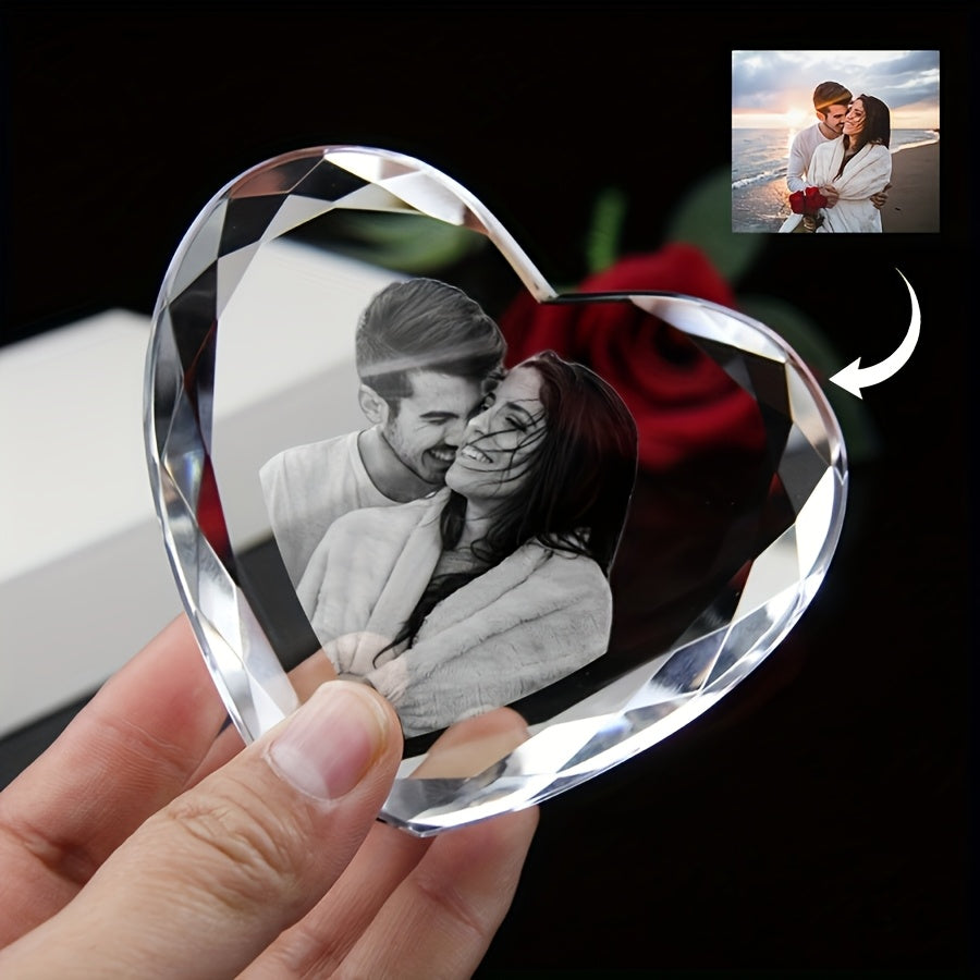 Custom Laser-Engraved Heart-Shaped Glass Photo Portrait – Personalized Pet Memorial & People Keepsake, Birthday Graduation Gift, European Style Transparent Crystal Ornament with Your Own Picture