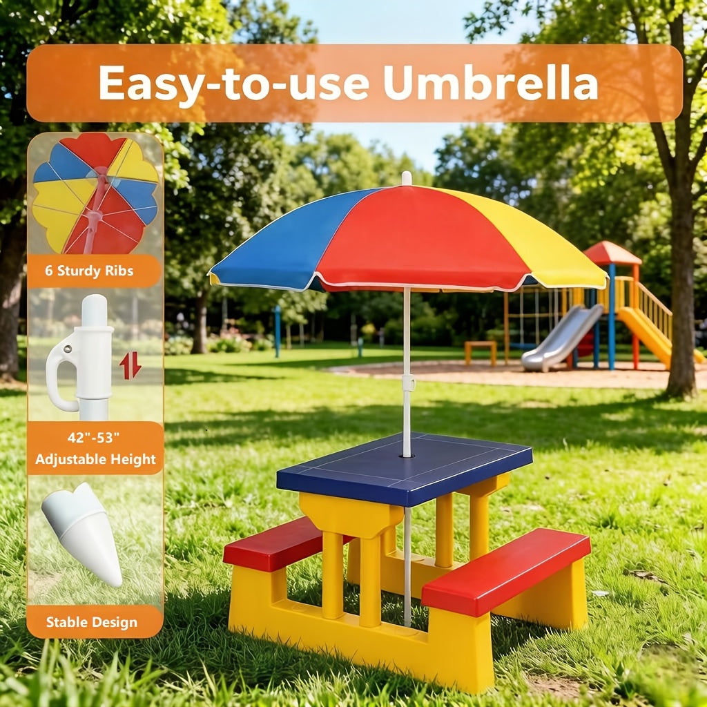 Kids Picnic Table with Removable Foldable Umbrella – 2-in-1 PP Table & Bench Set Seats 4 Children, UV Protection, Safe Rounded Edges, Indoor Outdoor Activity Table for Backyard Garden, Best Gift for Kids