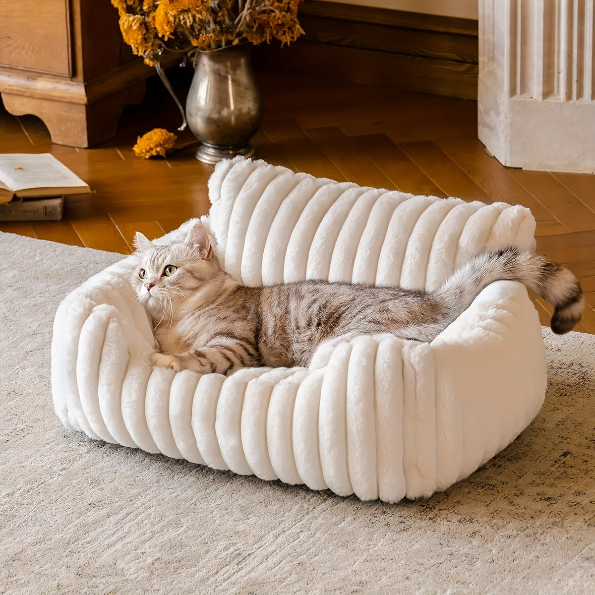 Cat Couch Sofa Bed for Indoor Cats - Fluffy Calming Cat Bed with Premium Soft Corduroy Fleece Cover, Non-Collapse Support Frame, Cozy Fuzzy Pet Sofa Lounge for Cats and Small Dogs