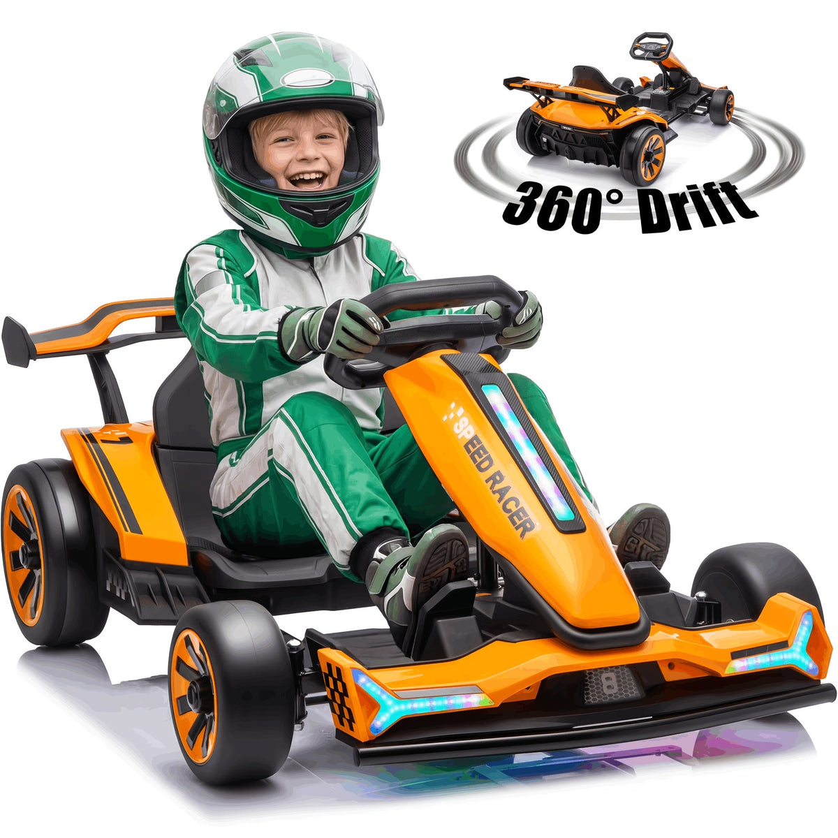 24V Electric Kids Go-Kart Drift Cart 360 Degree Drift Mode High Speed Racing with Soft Start Music Safety Belt Metal Frame Dual Brake for Boys Girls Ages 6 and Up Birthday Christmas Gift Black White Red Orange Silver