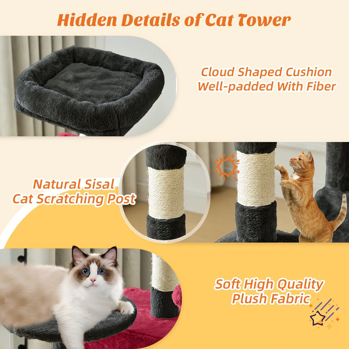 44" Cat Tree Tower with Hammock & Sisal Scratching Posts – Multi-Level Indoor Cat Condo with Natural Perches for Large & Multiple Cats, Sturdy Stable Base, Beige Gray Pink Black