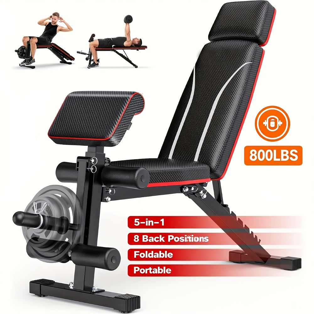 Foldable 6-in-1 Adjustable Weight Bench for Home Gym – 770 LBS Capacity, Flat Incline Decline, Resistance Bands, Preacher Curl Pad & Leg Developer, Full Body Strength Training Equipment