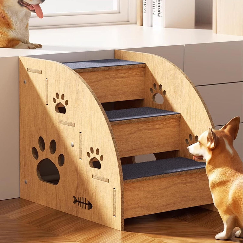 Solid Wood Pet Stairs 2-4 Steps with Ramp & Non-Slip Safety Rails – 15" Dog Steps for Bed & Sofa Access, Small Medium Dogs, Senior Pets & Cats