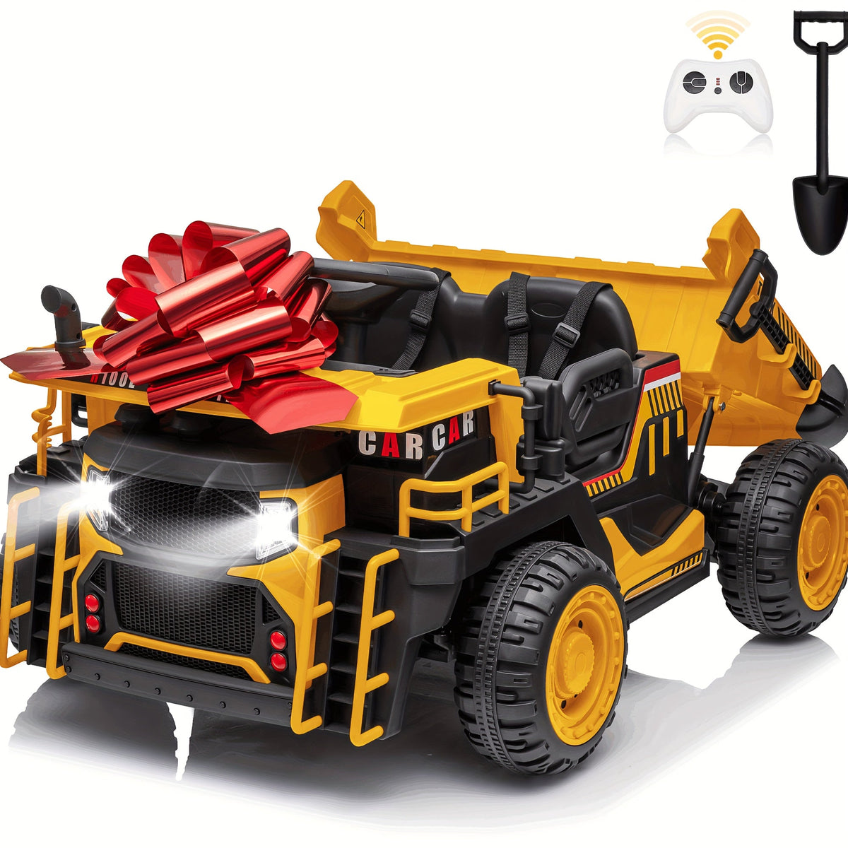 24V 2-Seater Kids Ride-On Dump Truck with 2x200W Motors, Electric Auto-Lift Dump Bed, Shovel, 2.4G Remote Control, Spring Suspension, Seat Belt & Lockable Doors – 110 LB Capacity, 4.9MPH – Construction Ride-On Toy for Boys & Girls Ages 3-8