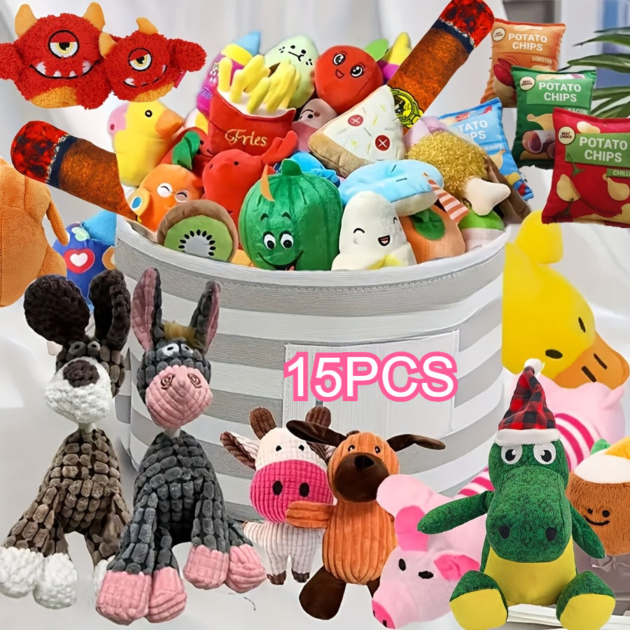 15-Piece Cartoon Plush Squeaky Dog Toy Set – Cute Random Style BB Squeaker Chew Toys for Small Dogs, No Battery Needed, Durable Soft Plush Toys for Teeth Cleaning & Play, Variety Gift Pack