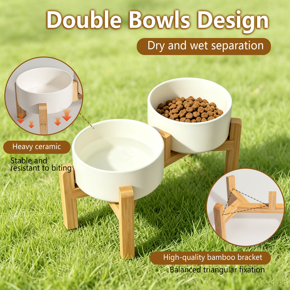 Elevated Ceramic Dog Bowl Set with Bamboo Stand - Raised Double Dog Bowls 28.74oz Non-Slip Feeder for Dogs Cats & Puppies, Adjustable Height Slow Feed Dog Food Bowl with Storage (4 Colors)