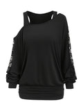 Lace Splicing Long Sleeve Top Women Casual Loose Knit Shirt Fall Winter Contrast Lace Panel Blouse Black Deep Red Olive Green Dark Gray S M L XL XXL