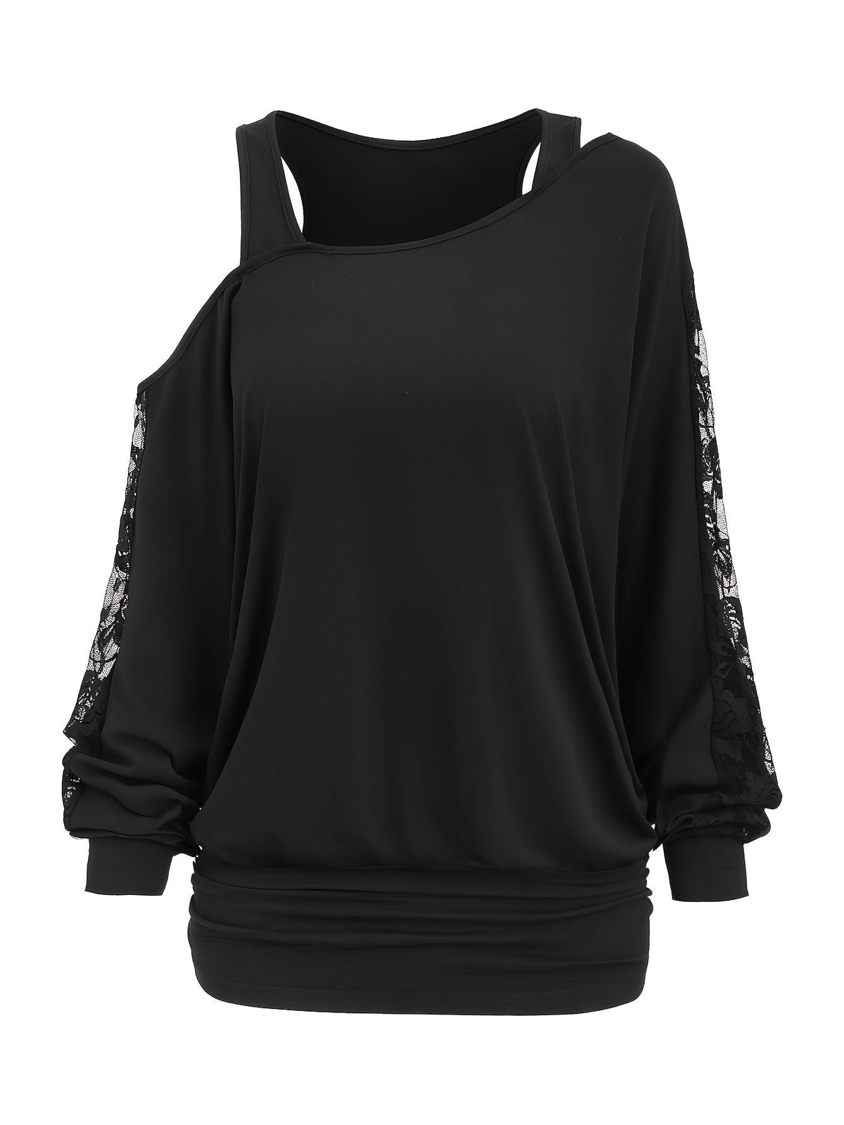 Lace Splicing Long Sleeve Top Women Casual Loose Knit Shirt Fall Winter Contrast Lace Panel Blouse Black Deep Red Olive Green Dark Gray S M L XL XXL