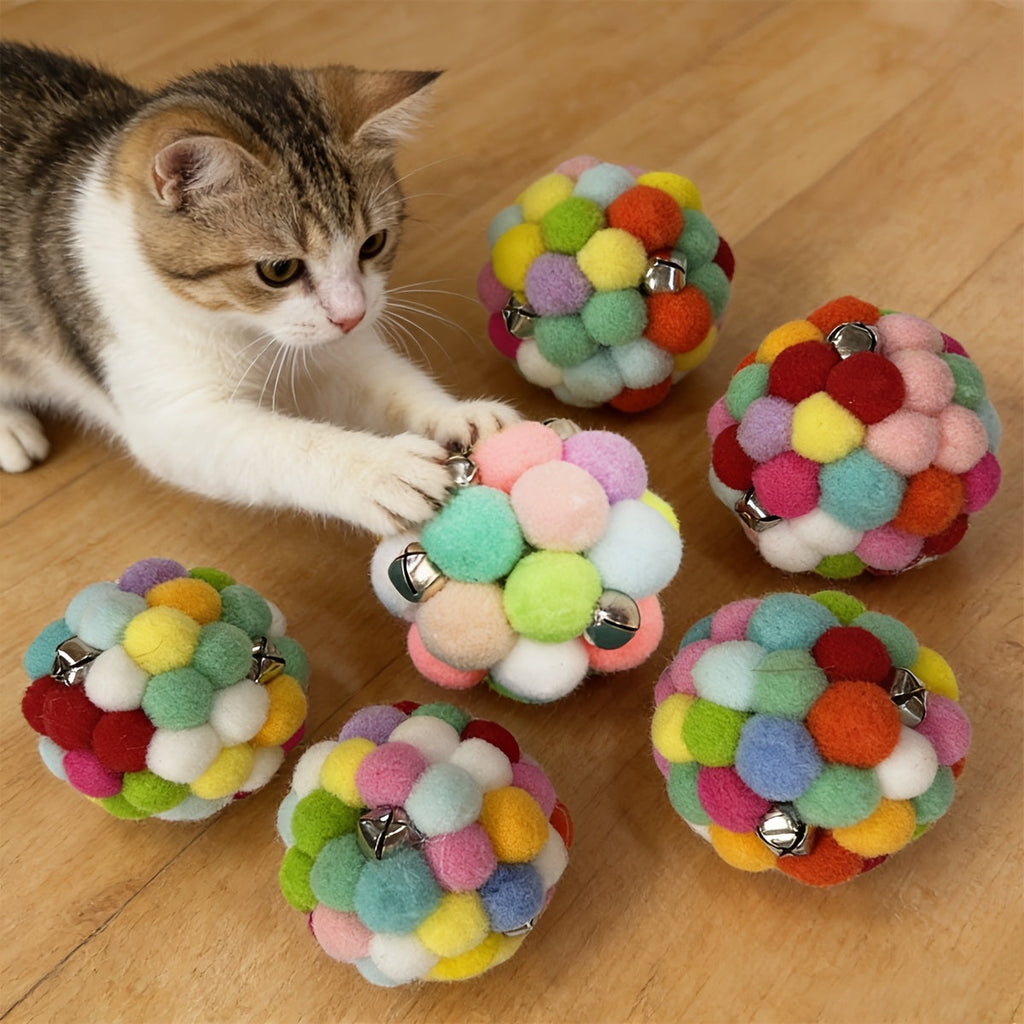 2-Pack Elastic Plush Bell Ball Cat Toys - 2.36" Interactive Cat Balls with Bell, Random Color Soft Bouncy Toy for Indoor Cats, Kitten Play & Exercise Toy Set (No Battery)