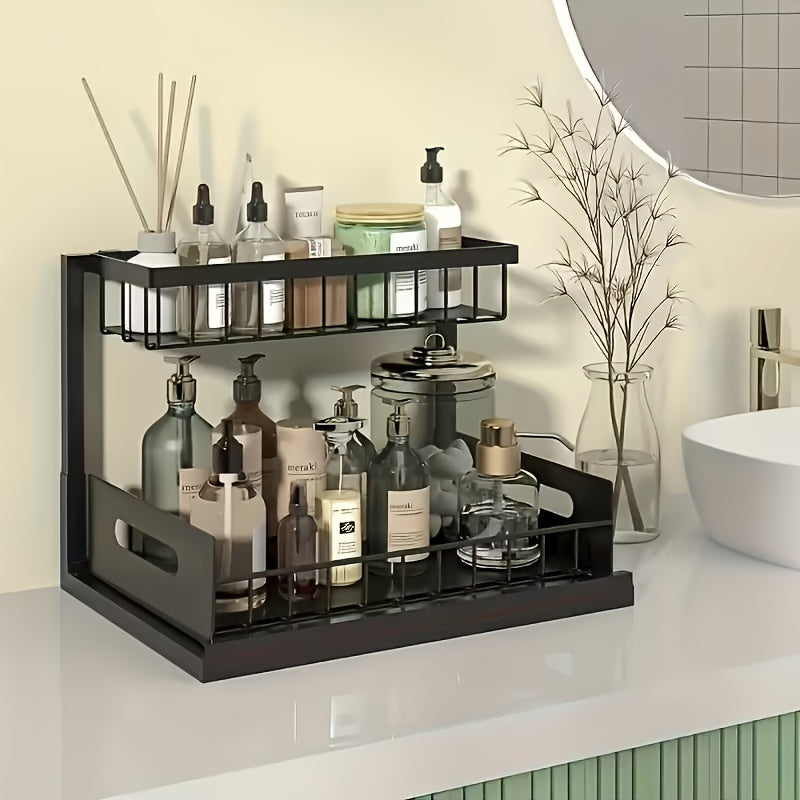 Pull Out Under Sink Organizer 2-Tier Slide-Out Cabinet Shelf, Kitchen Bathroom Utility Rack Storage Shelves, Sliding Cabinet Organizer for Under Sink Kitchen Bathroom Pantry – 1 or 2 Pack Options