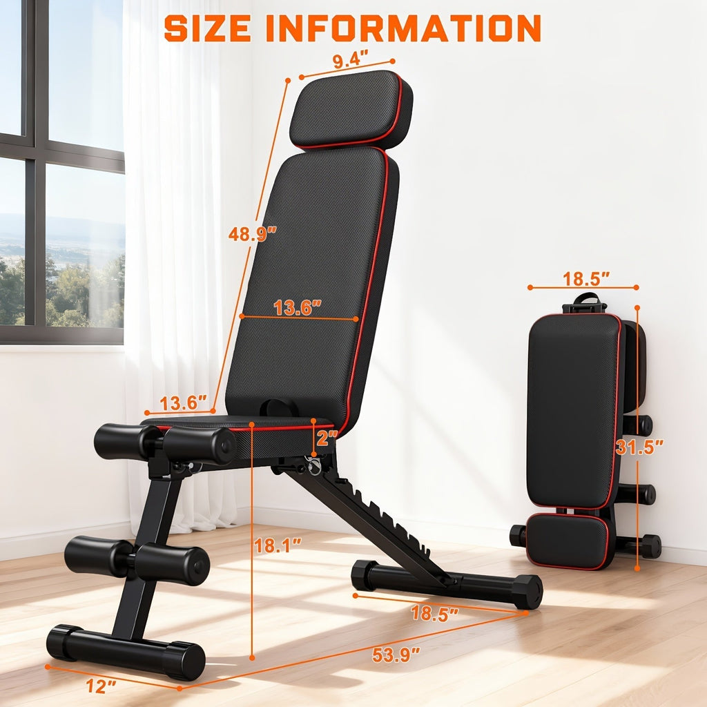 Foldable 6-in-1 Adjustable Weight Bench for Home Gym – 770 LBS Capacity, Flat Incline Decline, Resistance Bands, Preacher Curl Pad & Leg Developer, Full Body Strength Training Equipment