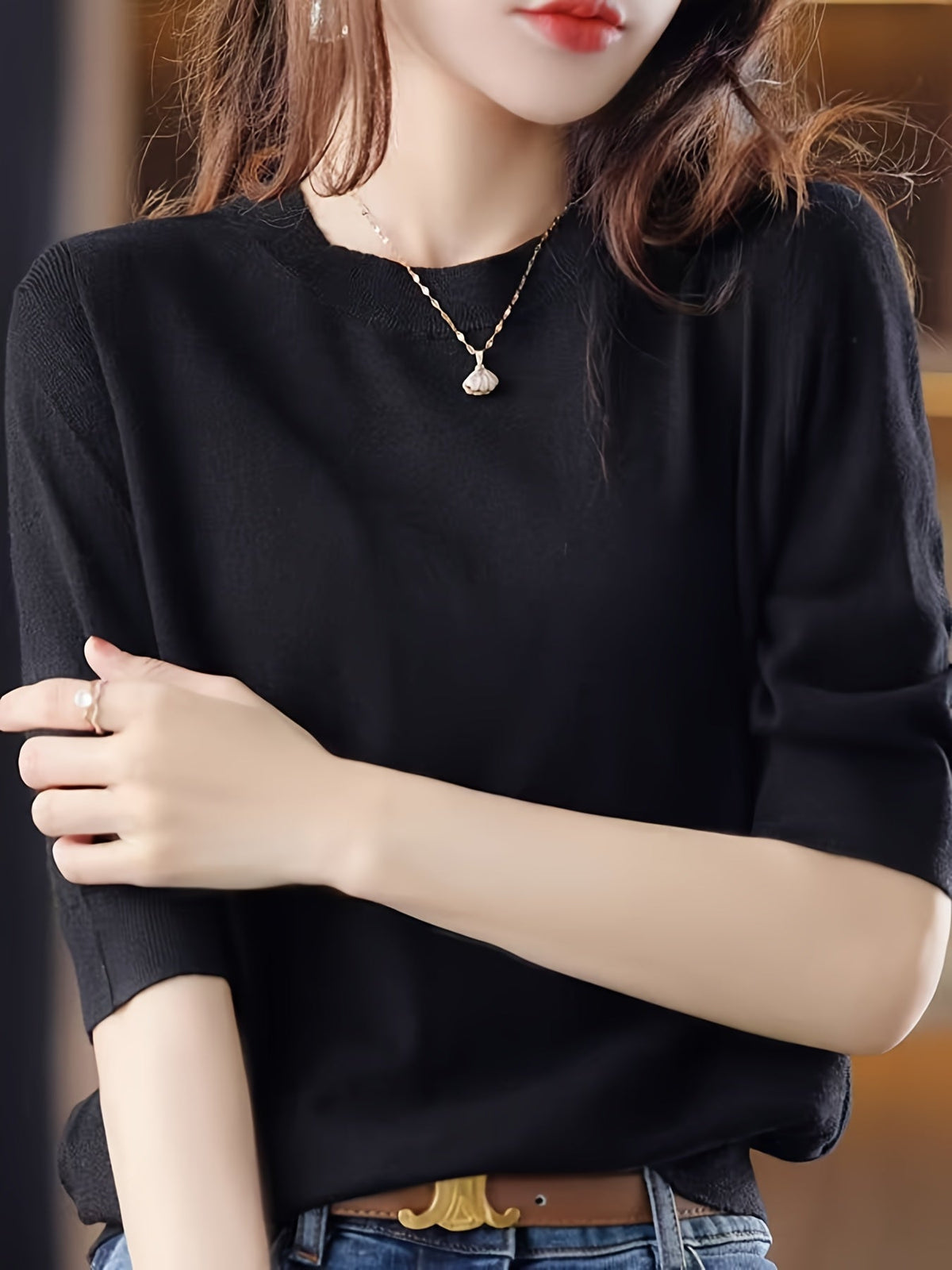 Women's Crew Neck 3/4 Sleeve Shirt Vintage Elegant Base Layer Top High Elasticity Smooth Solid Color Spring Autumn Casual Blouse Coffee Black Green Claret S M L XL XXL