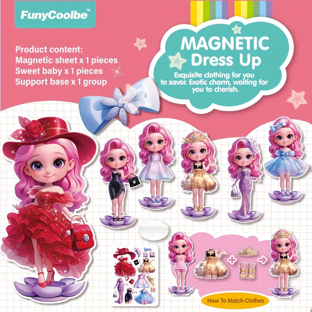 Princess Dress-Up Magnetic Sticker Quiet Book for Girls Age 3+, Reusable DIY Magnetic Princess Paper Doll Playset with Cute Cartoon Characters, Fridge Magnet Activity Toy, Christmas Halloween Birthday Gift
