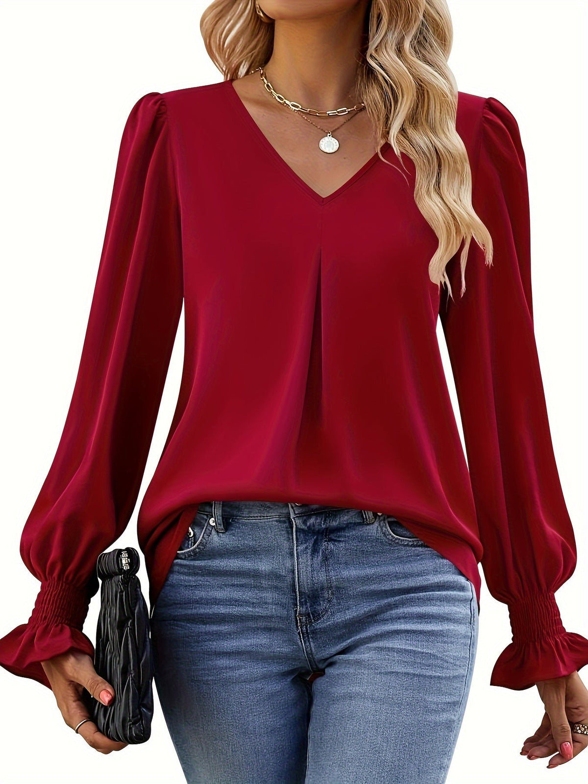 Women's Long Sleeve V-Neck Chiffon Blouse Loose Casual Solid Color Dress Top Soft Smooth Fabric Spring Summer Office Shirt Chocolate Khaki Pink Blue Red Black S M L XL XXL