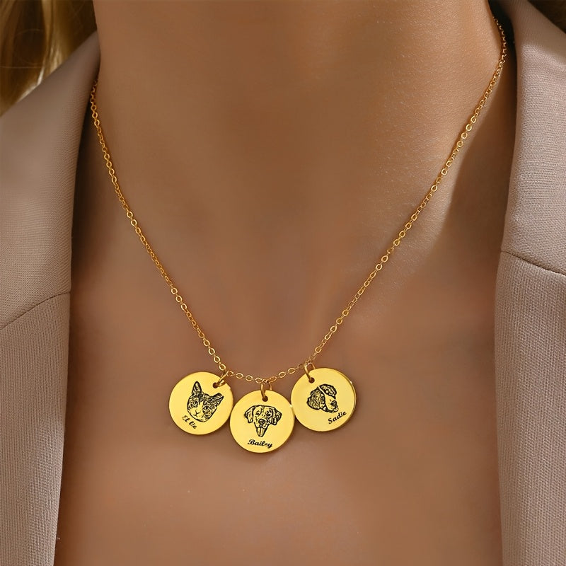 Personalized Pet Photo & Name Necklace - Custom Engraved Stainless Steel Circle Pendant for Pet Lovers, Handmade Dog Cat Memorial Jewelry Gift for Birthday Christmas, Gold & Rose Gold