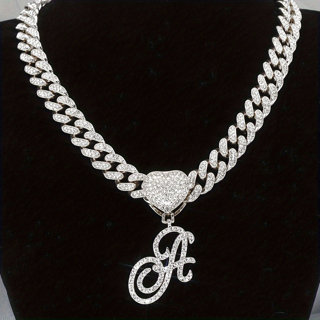 Initial Letter Necklace for Men & Women – Personalized A-Z Silver Cuban Chain with Heart Pendant, Hip Hop Style, 45cm / 17.71in, Perfect Gift for Sports Fans, Birthdays & Everyday Wear