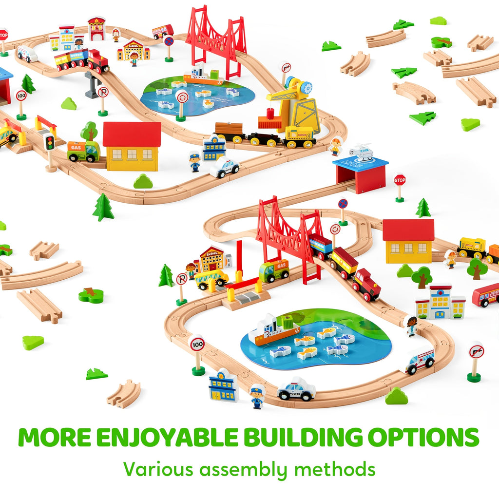 110-Piece Wooden Train Set for Kids – City Scene Railway with 6 Magnetic Trains, 5 Themed Vehicles, Helicopter, Ship & 7 City Themes – Compatible with All Major Brands – Best Birthday Christmas STEM Gift for Boys & Girls