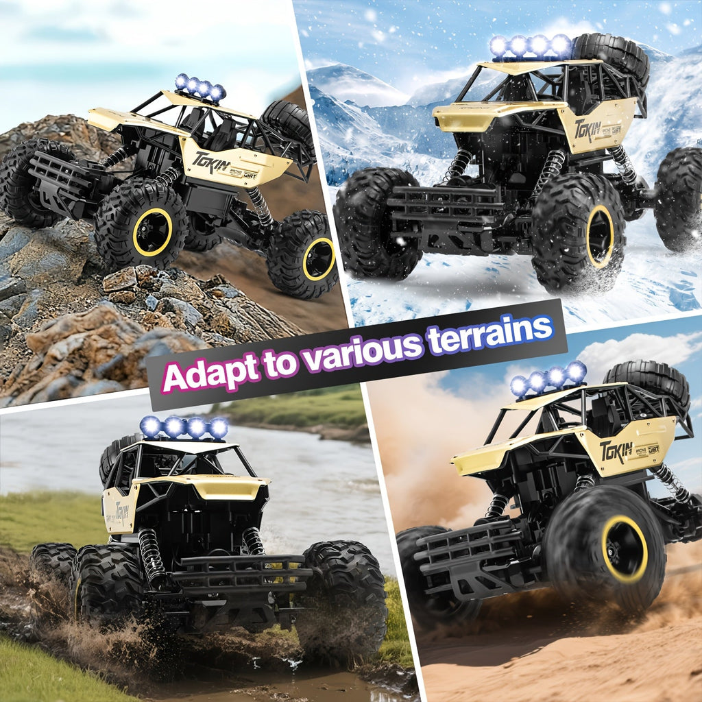1:12 Scale RC Monster Truck 2.4GHz Off-Road Remote Control Car - Alloy Body, Independent Suspension, Rubber Tires, LED Lights, 1200mAh Battery, Crash-Resistant - Golden