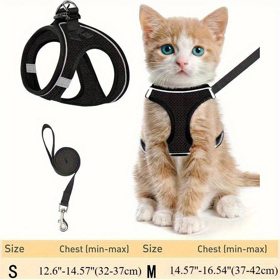 Escape Proof Cat Harness and Leash Set for Walking - Adjustable Reflective Soft Mesh Vest for Cats Kittens Small Dogs S M Black Grey Comfortable Outdoor Adventure Pet Gift