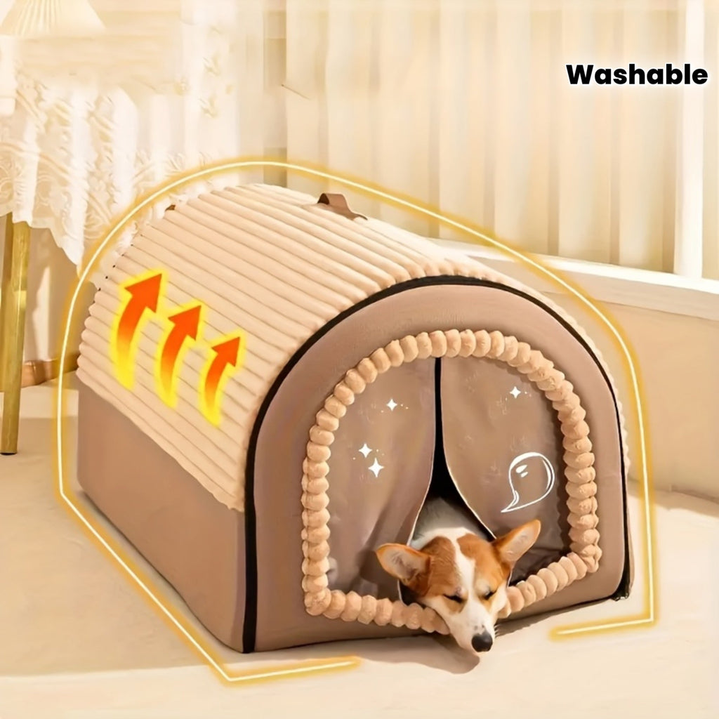 Enclosed Pet House Tent for Cats and Dogs - All-Season Warm Dog Bed with Removable Washable Plush Interior - Indoor Cat Sleeping Nest M L XL Sizes - Cozy Safe Pet Shelter Green Coffee