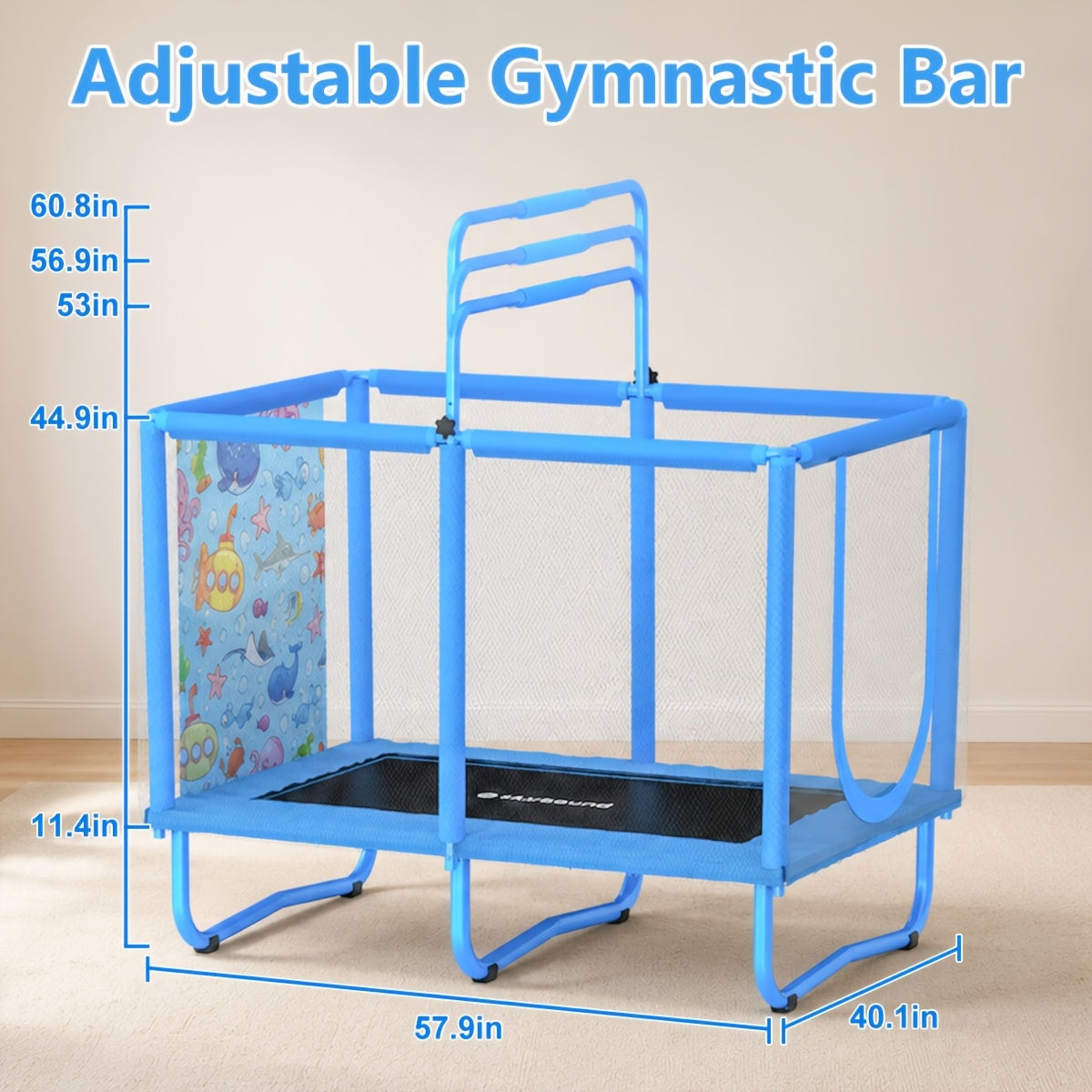 6-in-1 Kids Trampoline with Enclosure Net, Basketball Hoop, Swing, Rings & 15 Ocean Balls – 55"-58" Indoor Outdoor Rectangular Trampoline, Foam Padded Poles, W-Shaped Legs, Gift for Boys Girls Ages 3-10